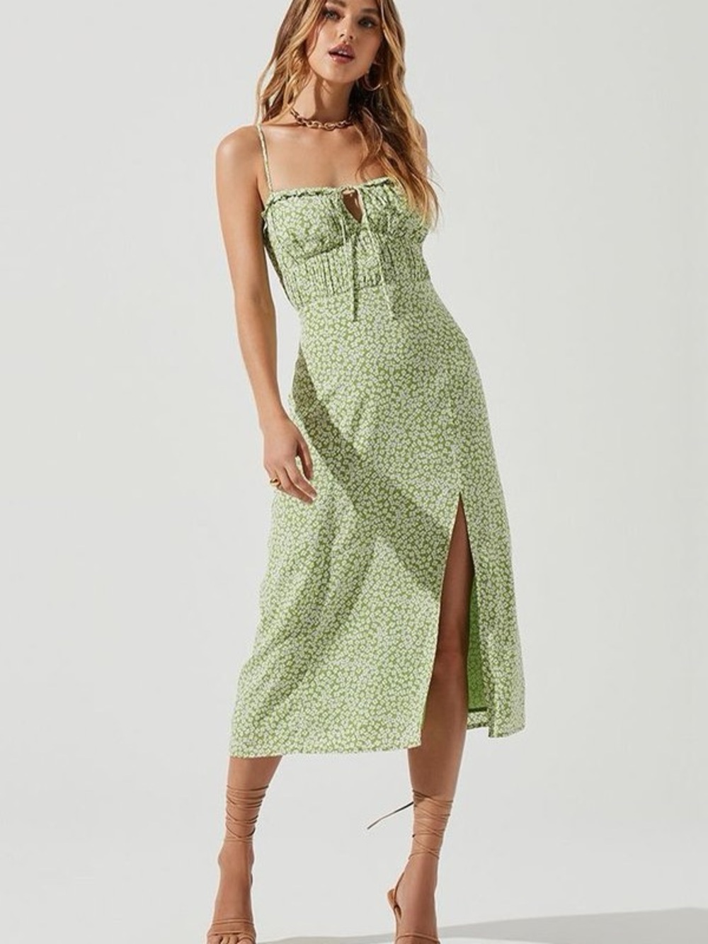 Women’s Green Floral Midi Dress with Side Slit NWOT
